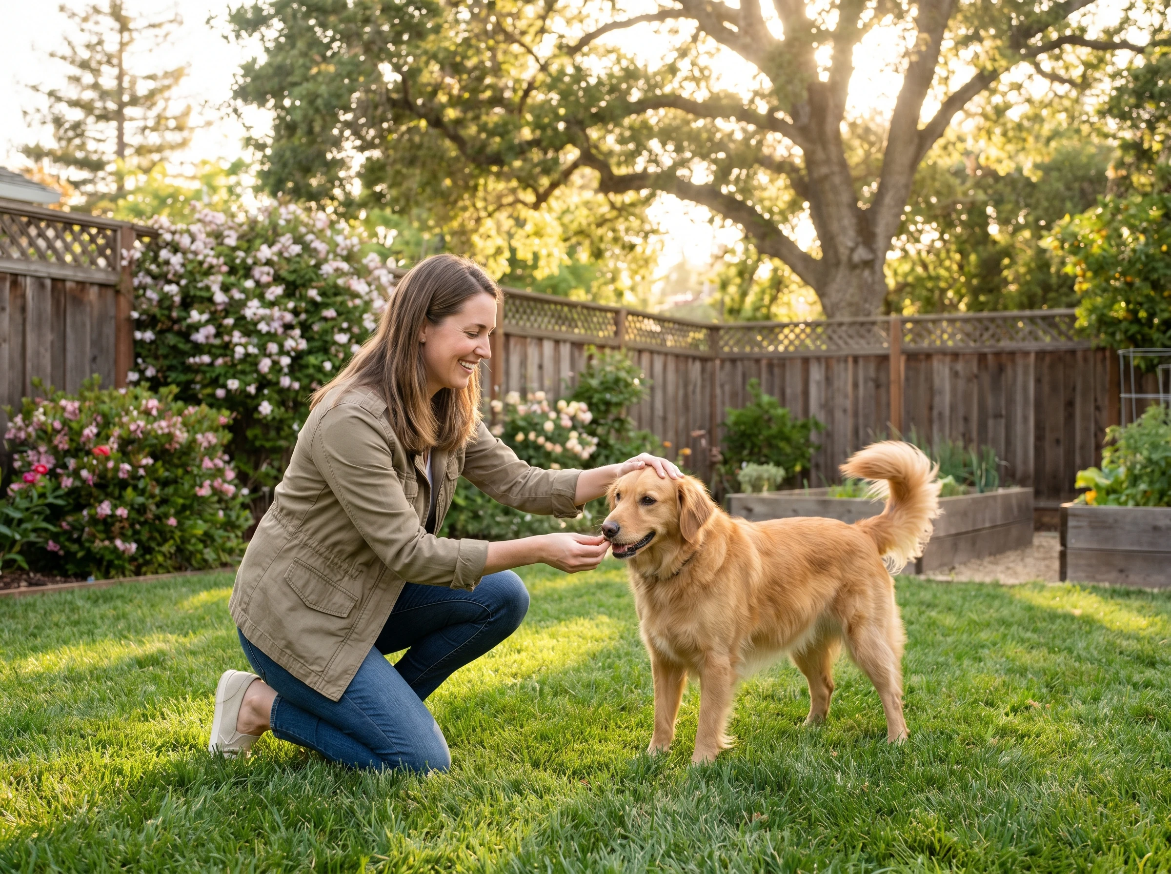 A trainer rewarding a happy dog with a treat during a yard-boundary lesson